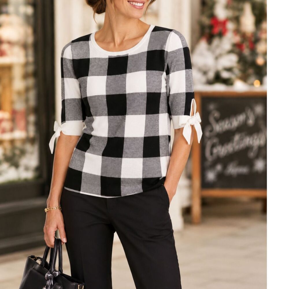 albots Buffalo Check Sweater Top Black White Tie Sleeve Cotton Blend Large